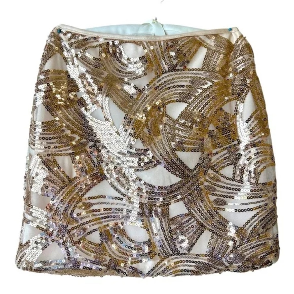 Gold Sequin Skirt on Cream Mesh with Lining Zipper Geo Swirls Holiday Size Small